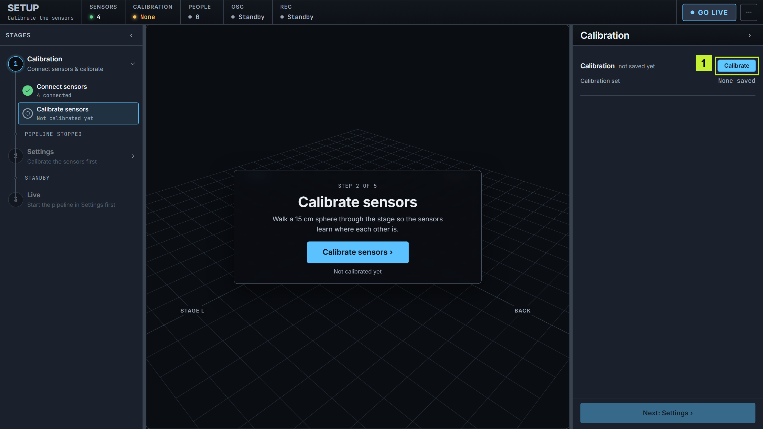 Calibrate sensors 화면에서 Calibrate 버튼 위치
